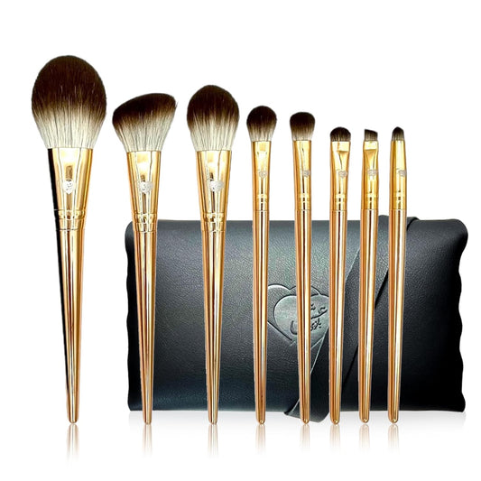 Delbar Gold Makeup Brushes by  | 8Pc Full Face Makeup Brush Set with Travel Bag | Professional Make up Brushes | Cruelty Free, Natural Hair-Like Bristles