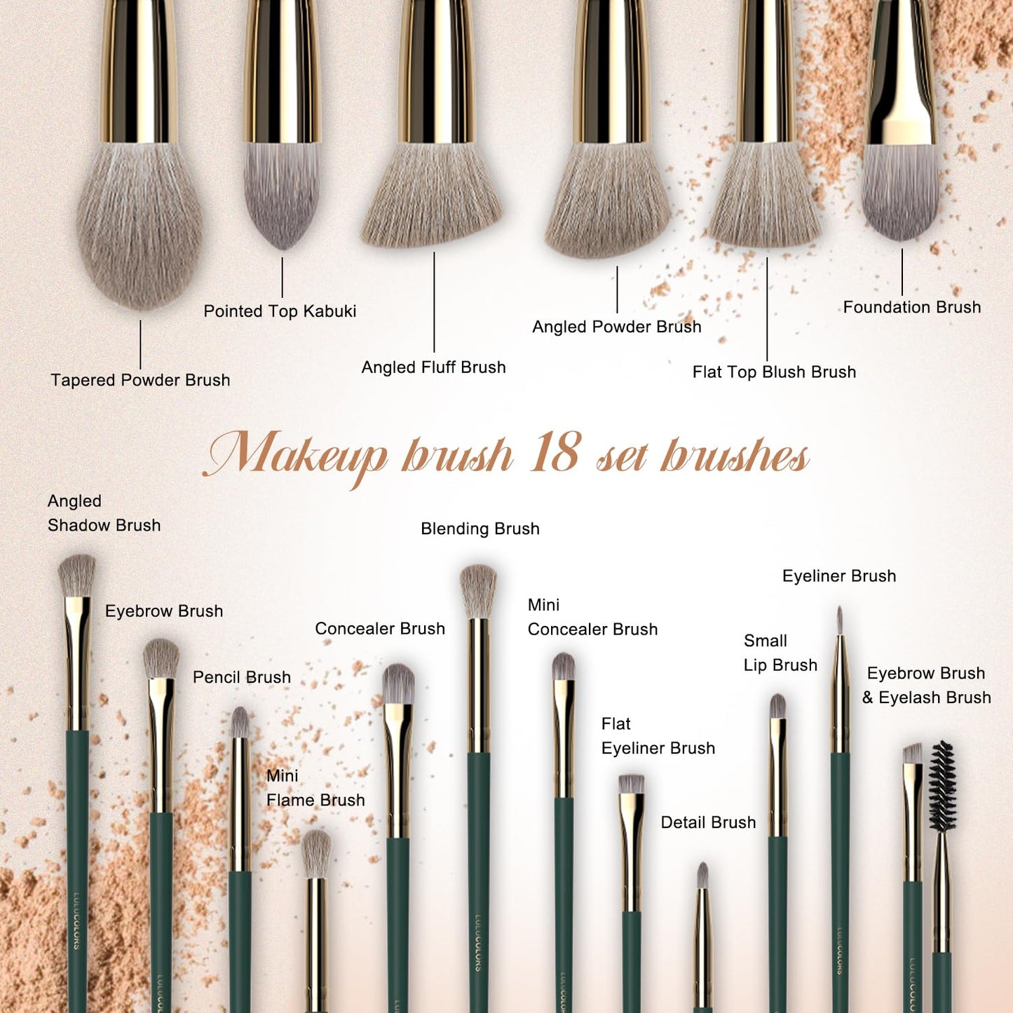 18-Piece Makeup Brush Set with Holder Case – Complete Makeup Brush Collection for Flawless Makeup Application -Soft Bristles (Green)