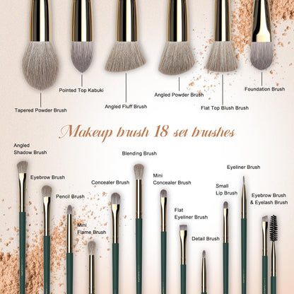 18-Piece Makeup Brush Set with Holder Case – Complete Makeup Brush Collection for Flawless Makeup Application -Soft Bristles (Green)