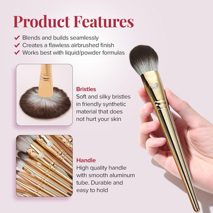 Delbar Gold Makeup Brushes by  | 8Pc Full Face Makeup Brush Set with Travel Bag | Professional Make up Brushes | Cruelty Free, Natural Hair-Like Bristles